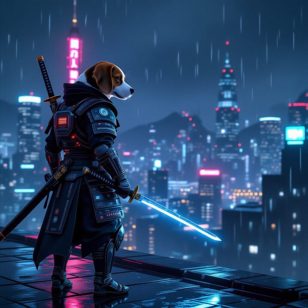 Cyberpunk Beagle Samurai Warrior on Neon Rooftop