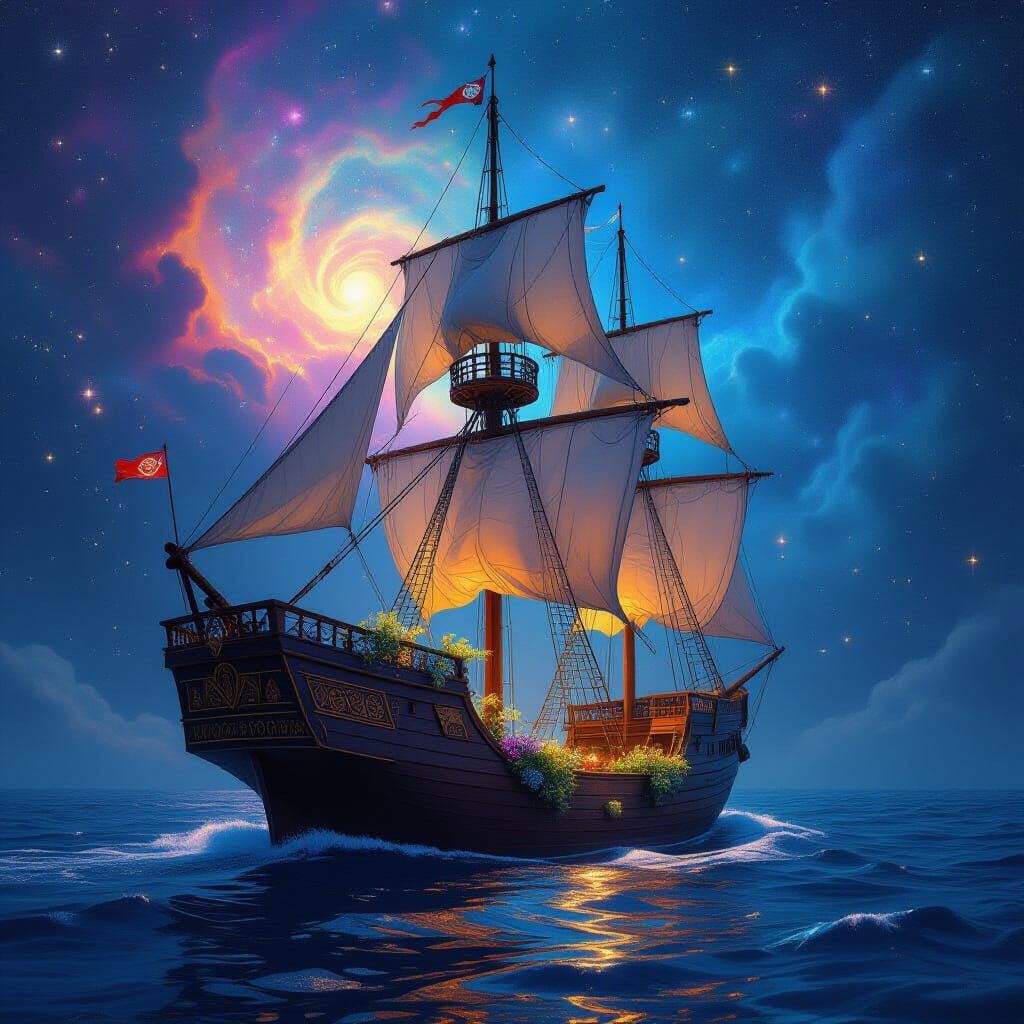 Starlight Ship Navigating Cosmic Nebula in Jewish Art Style