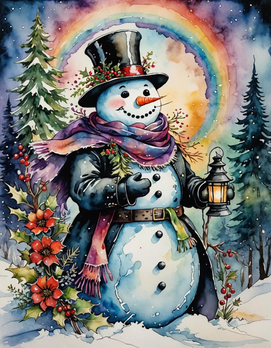 Snowman with Christmas Decorations in Watercolor Style