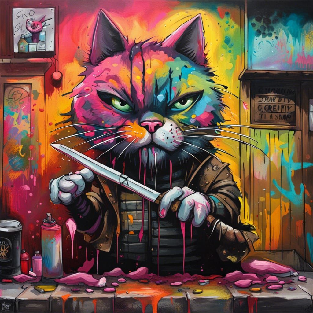 Evil Cat with Sword: Graffiti Street Art