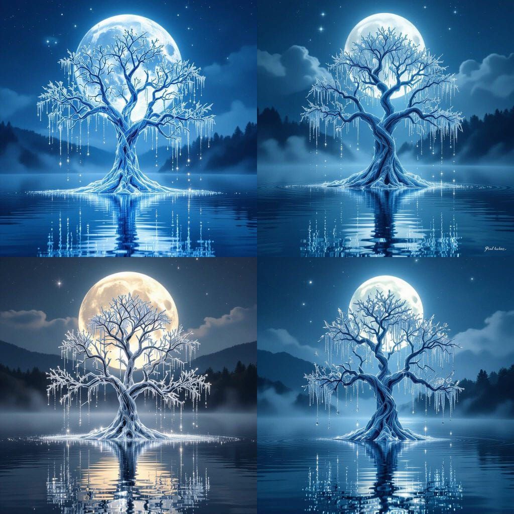 Crystalline Water Tree Dominates Moonlit Lake