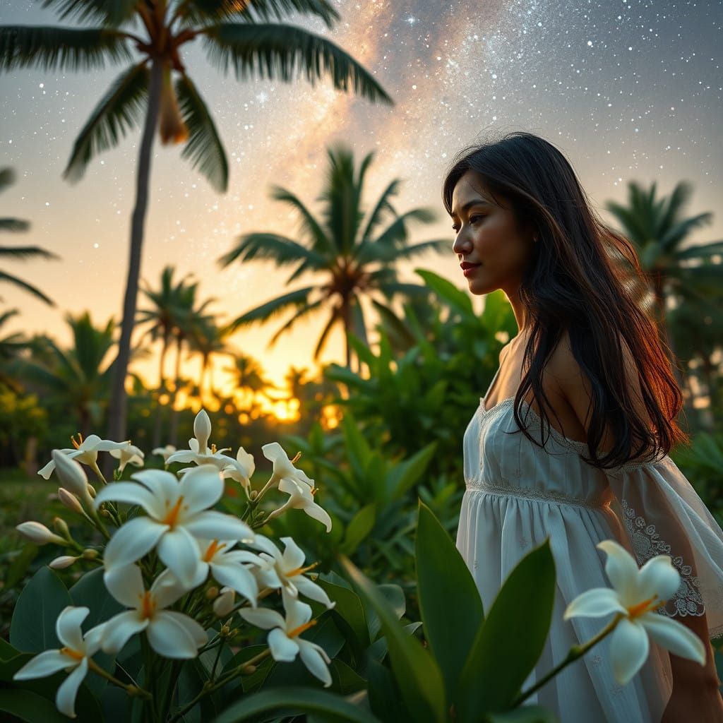 Filipina Woman Tends to a Lush Garden in Tropical Paradise