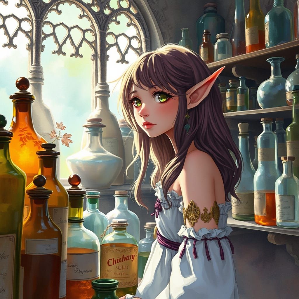 Whimsical Elf in Apothecary, Ghibli-Inspired Digital Art