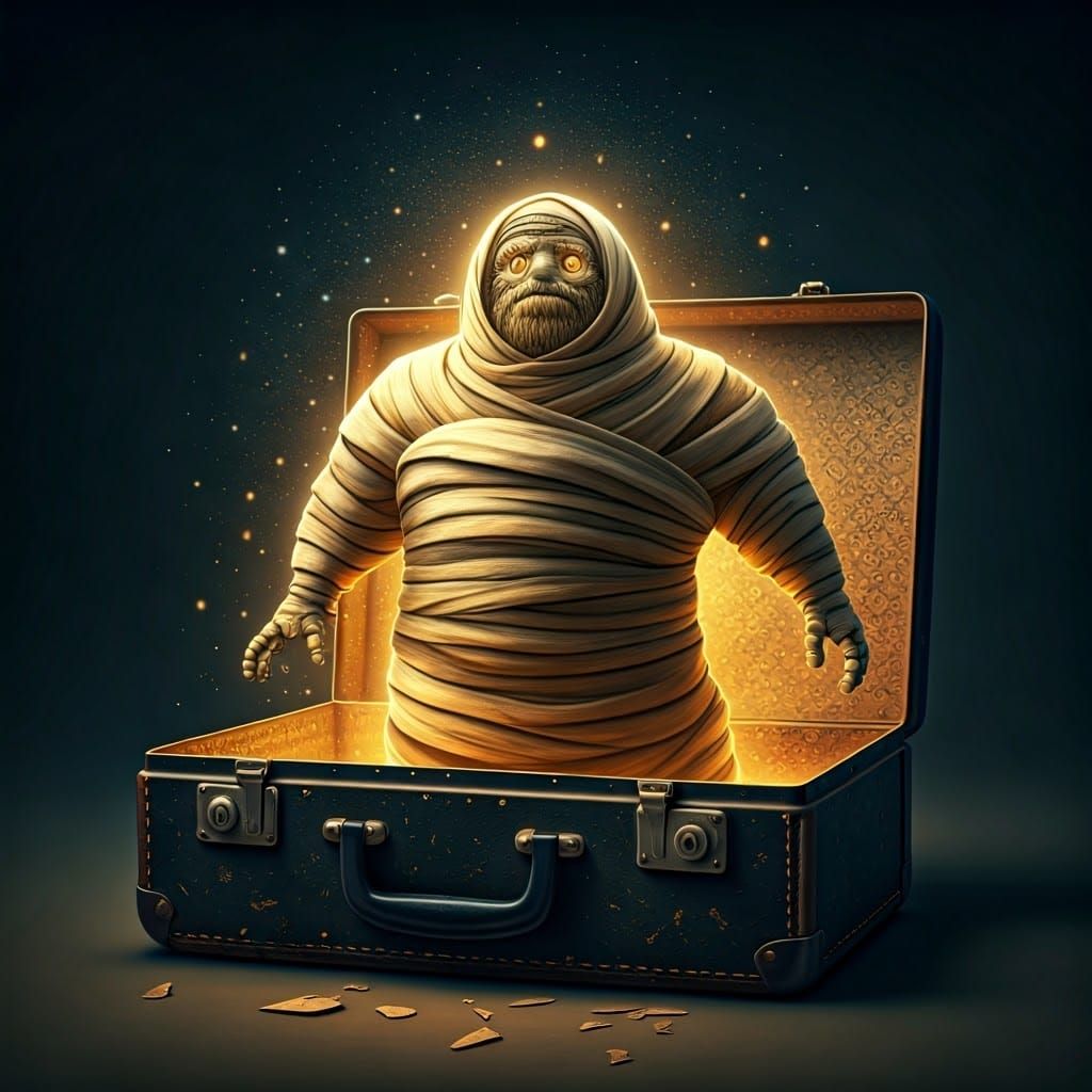 Golden Orthodox Golem Unfolds from Antique Suitcase