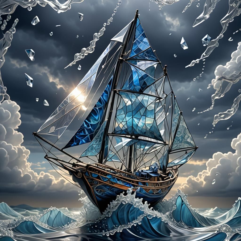 Glass Origami Boat Shattered by Stormy Waves