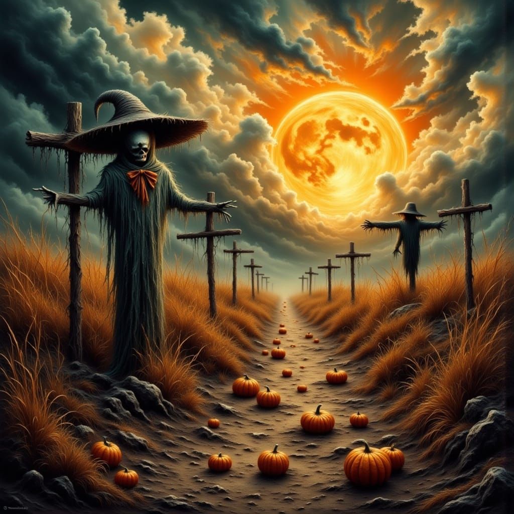 Haunted Field with Scarecrows and Pumpkins