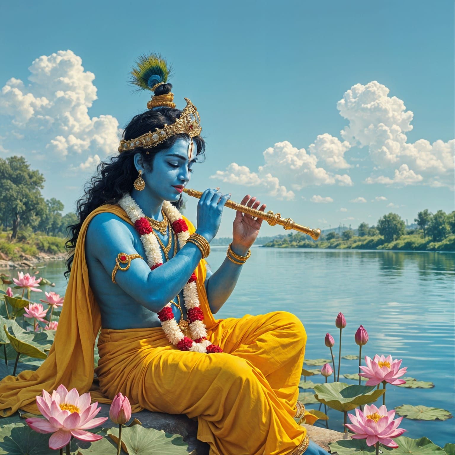 Lord Krishna Playing Flute by Yamuna River