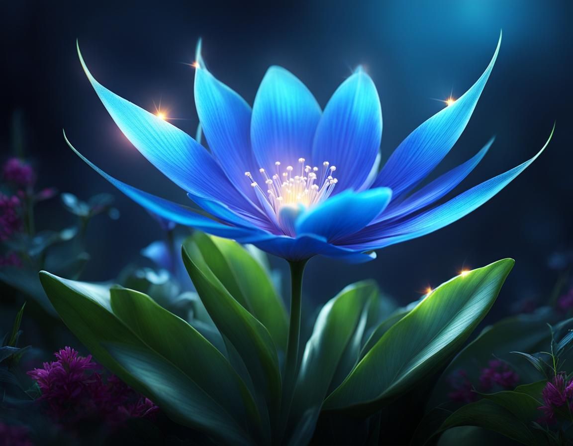 Exotic Flower with Magical Blue Aura and Fairies