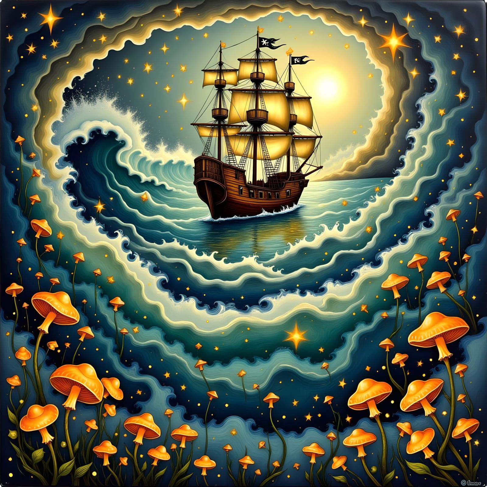 Pirate Ship Sailing Through Purple Mushroom Waves