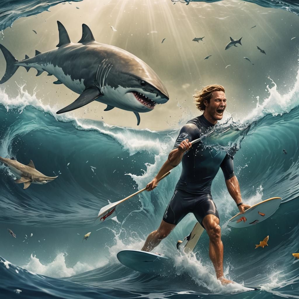Underwater Standoff: Surfer and Shark in Hyperreal Watercolo...