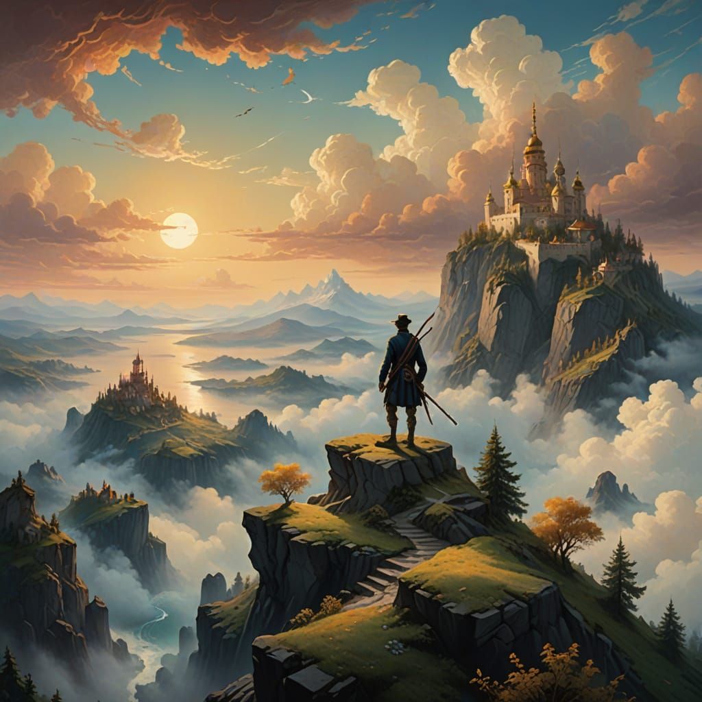 Whimsical Fantasy Adventure on a Windswept Mountain