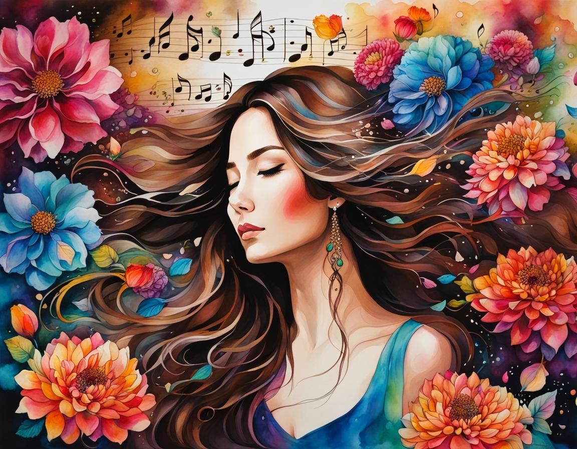 Floral Woman Dissolving into Music: Ink Painting
