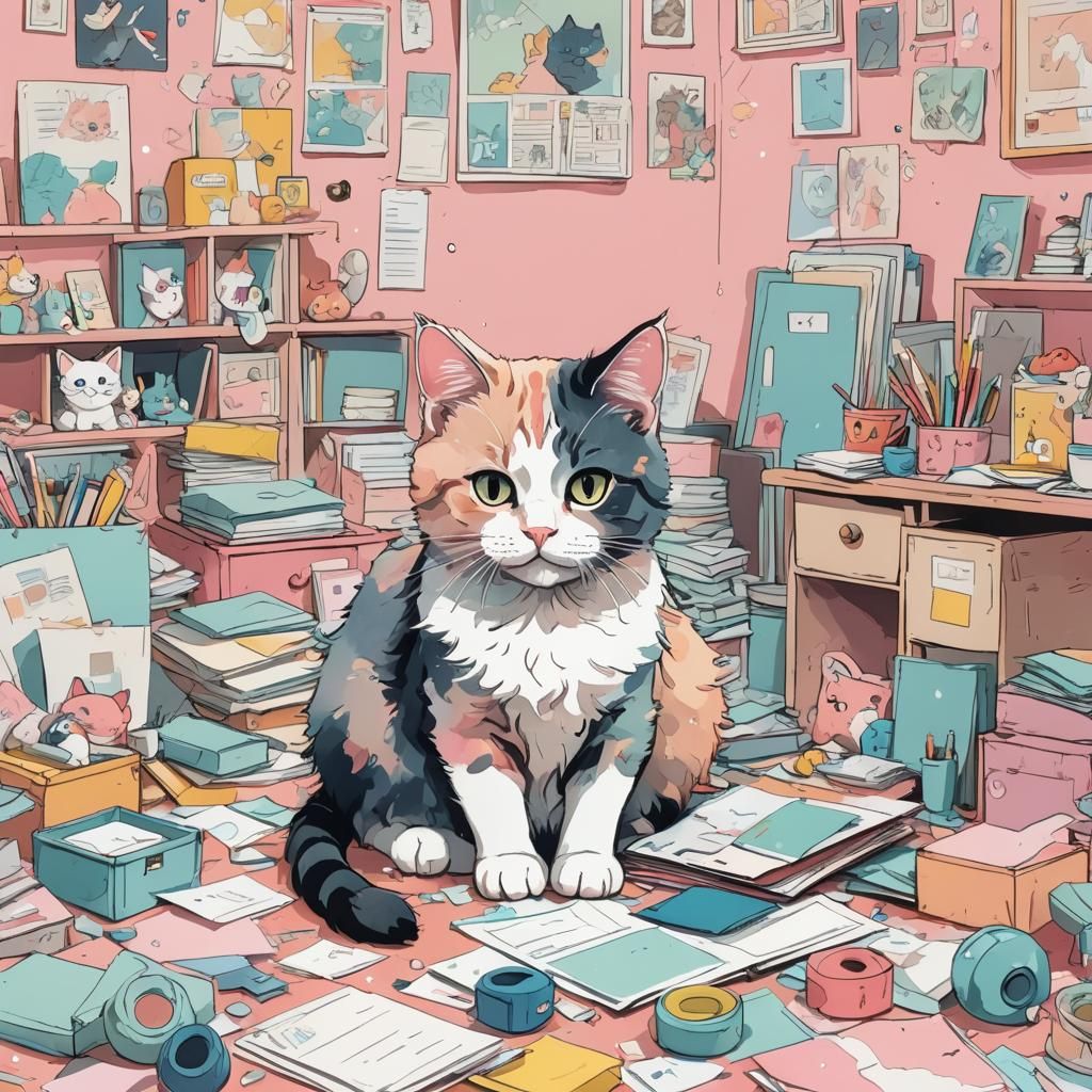 Pastel Manga Cat in Messy Room Vector Graphic