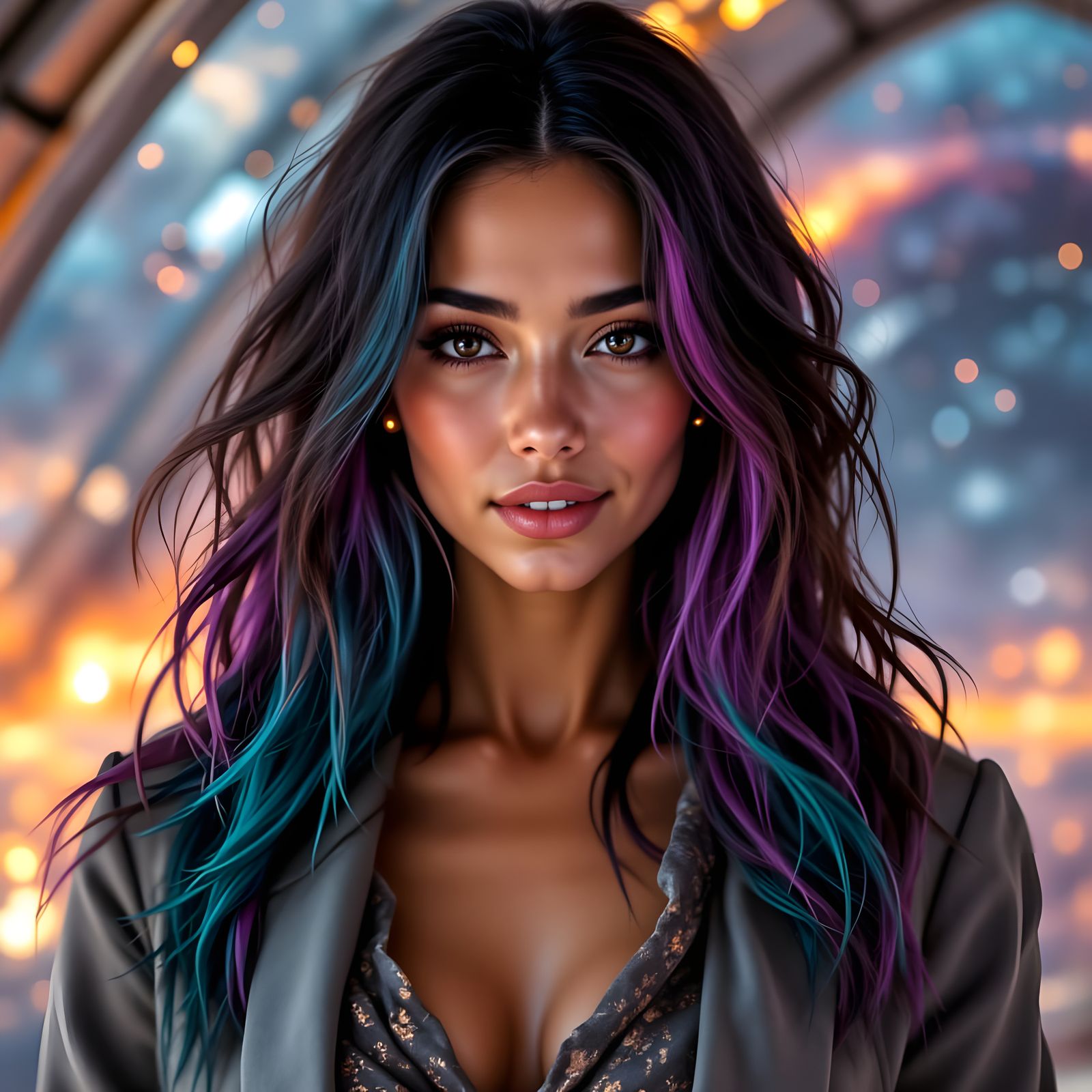 Woman with Colorful Streaks in Hair, Sunset Background