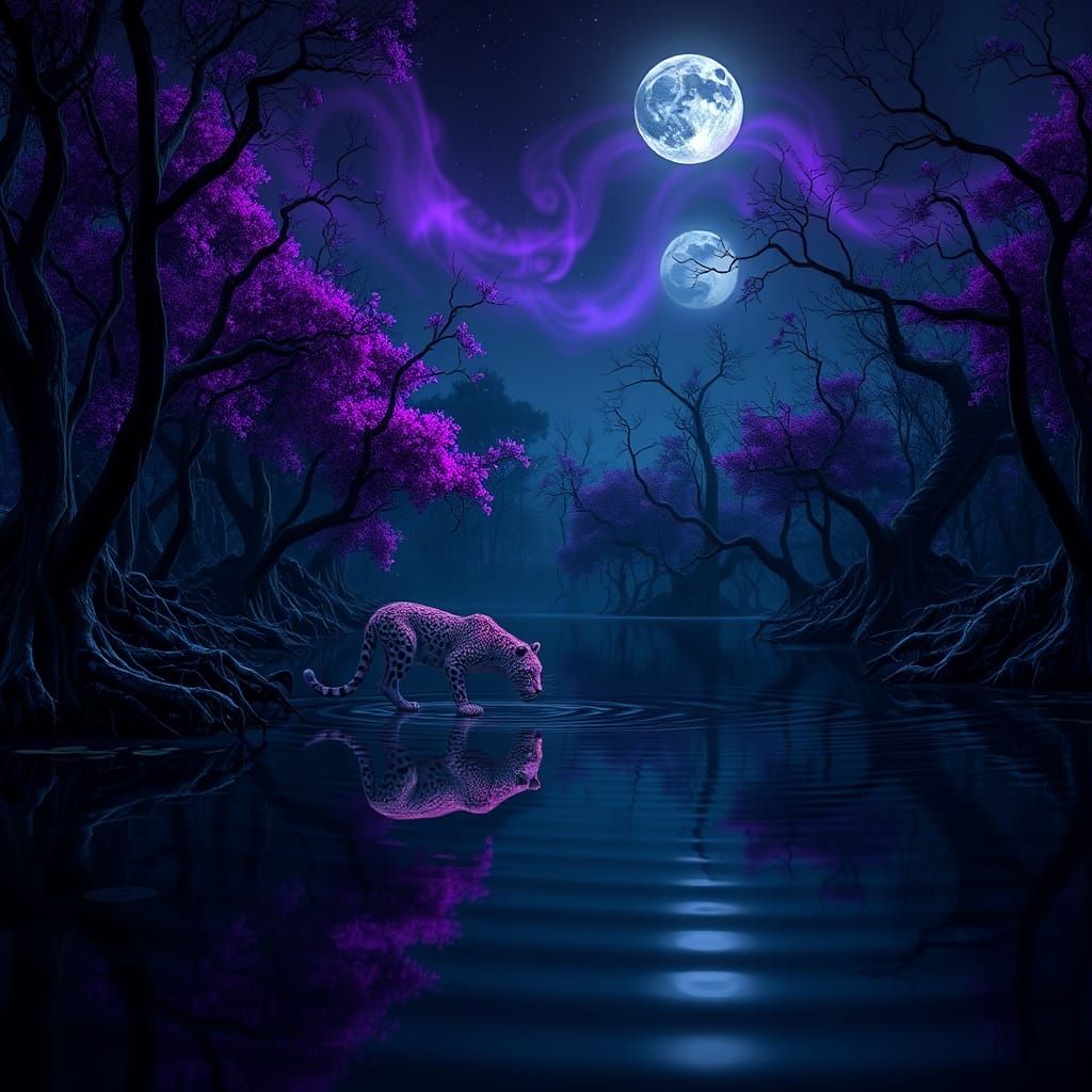 Neon Leopard in Mystical Swamp at Night