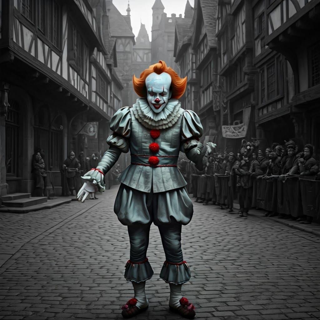 Pennywise as Colorful Jester in Grayscale Town