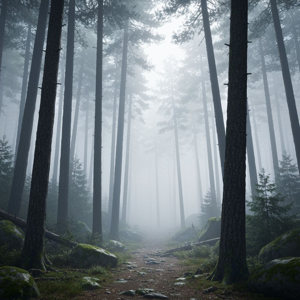 Misty Forest Path in Hyperrealistic Digital Painting