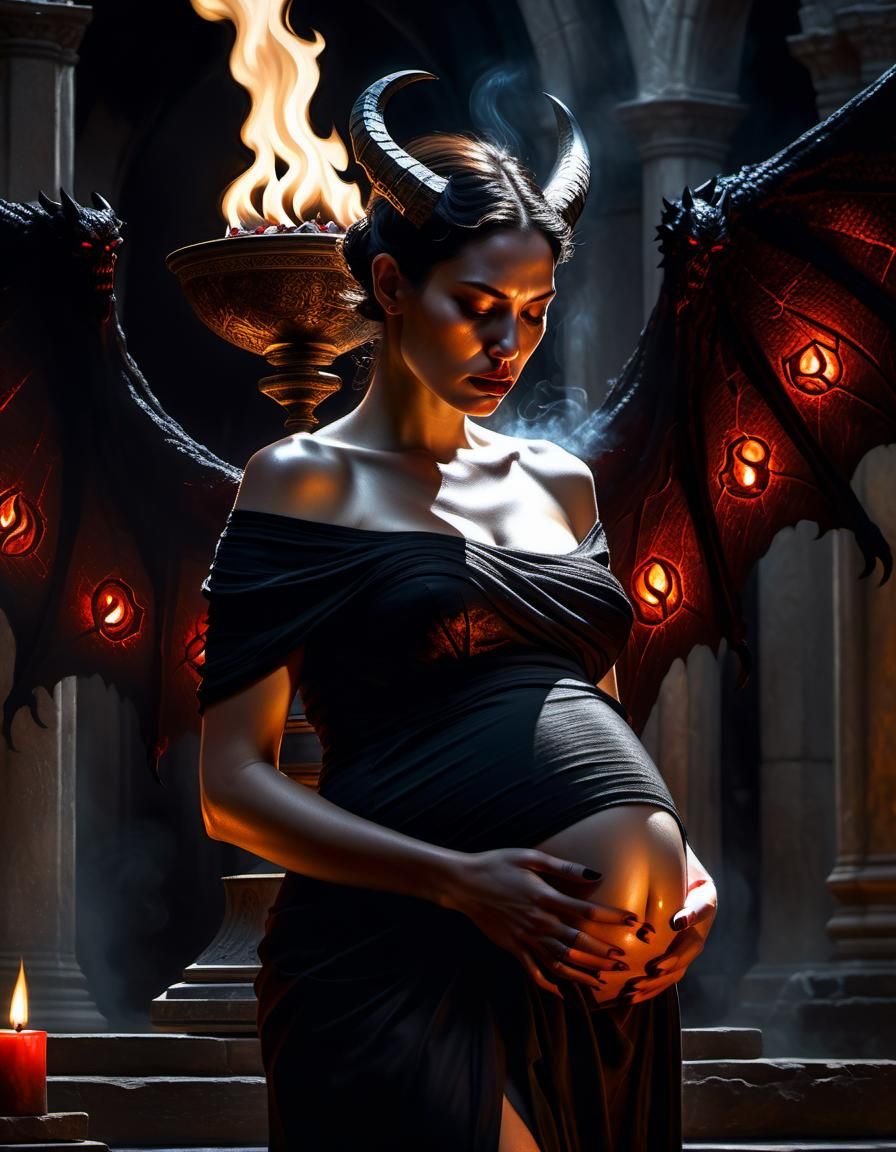 Renaissance Oil Painting: Pregnant Woman and Winged Demon