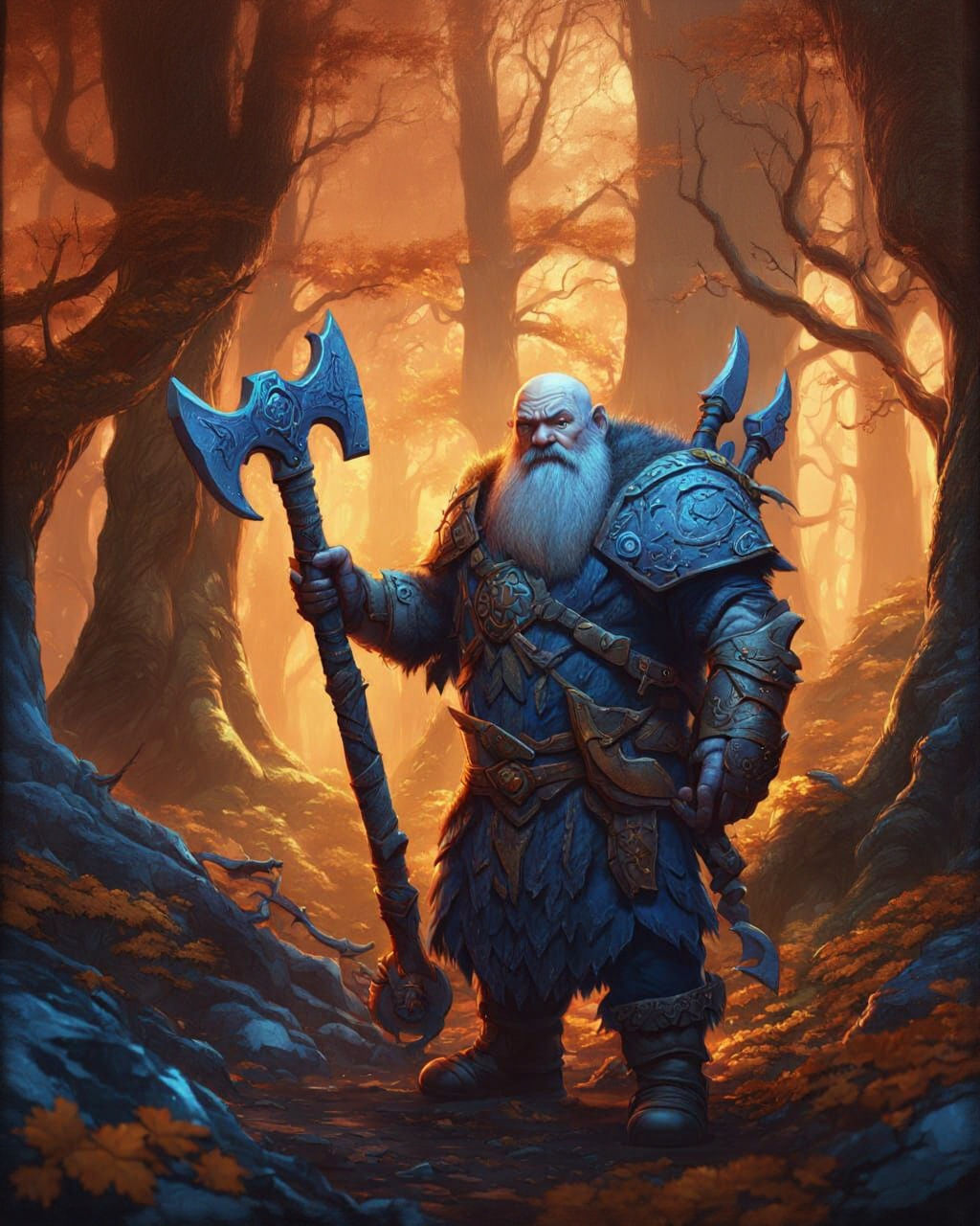 Mystical Dwarf Wields Axe in Vibrant Forest Landscape