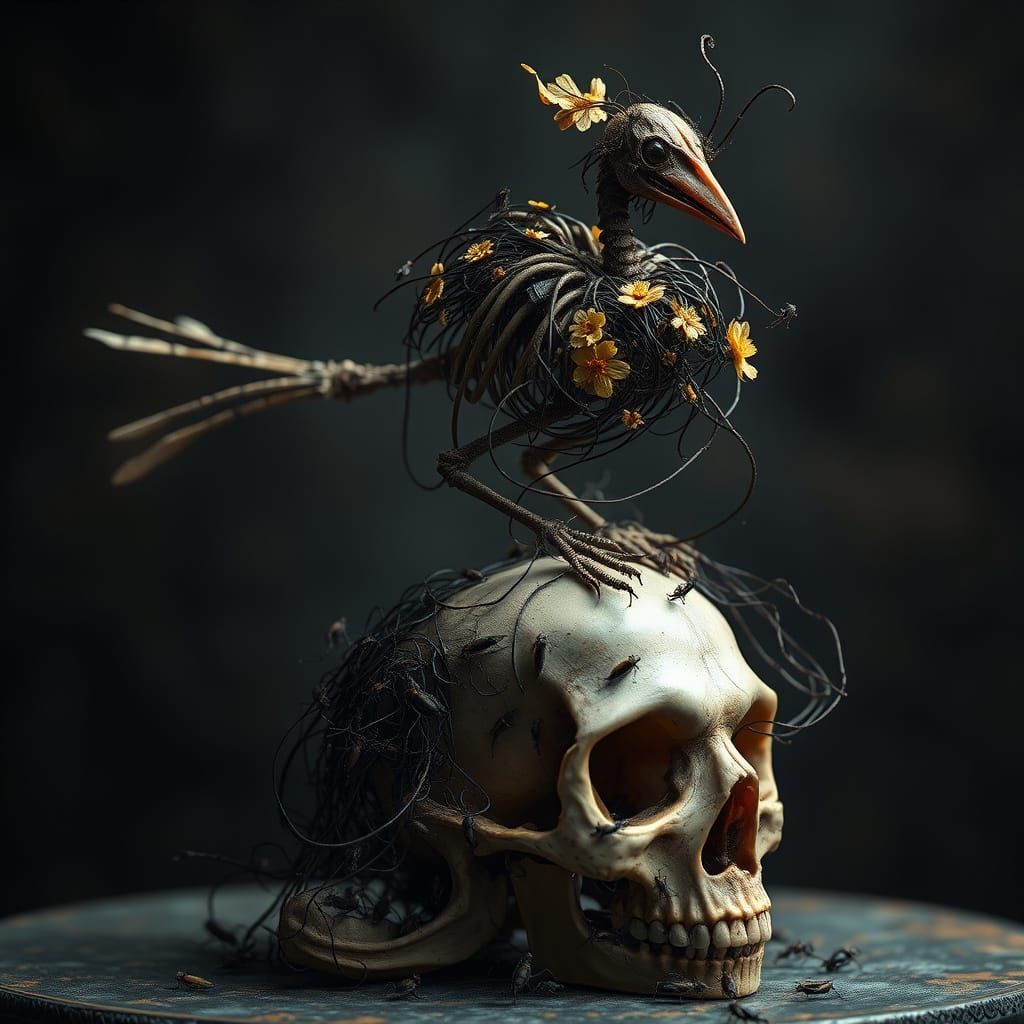Surreal Bird Skeleton Art with Flowers and Insects