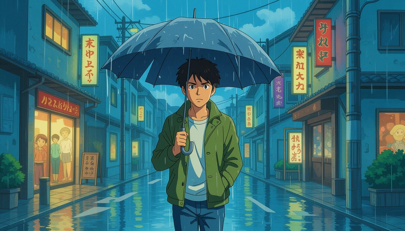 Determined Young Man Braves Stormy Street