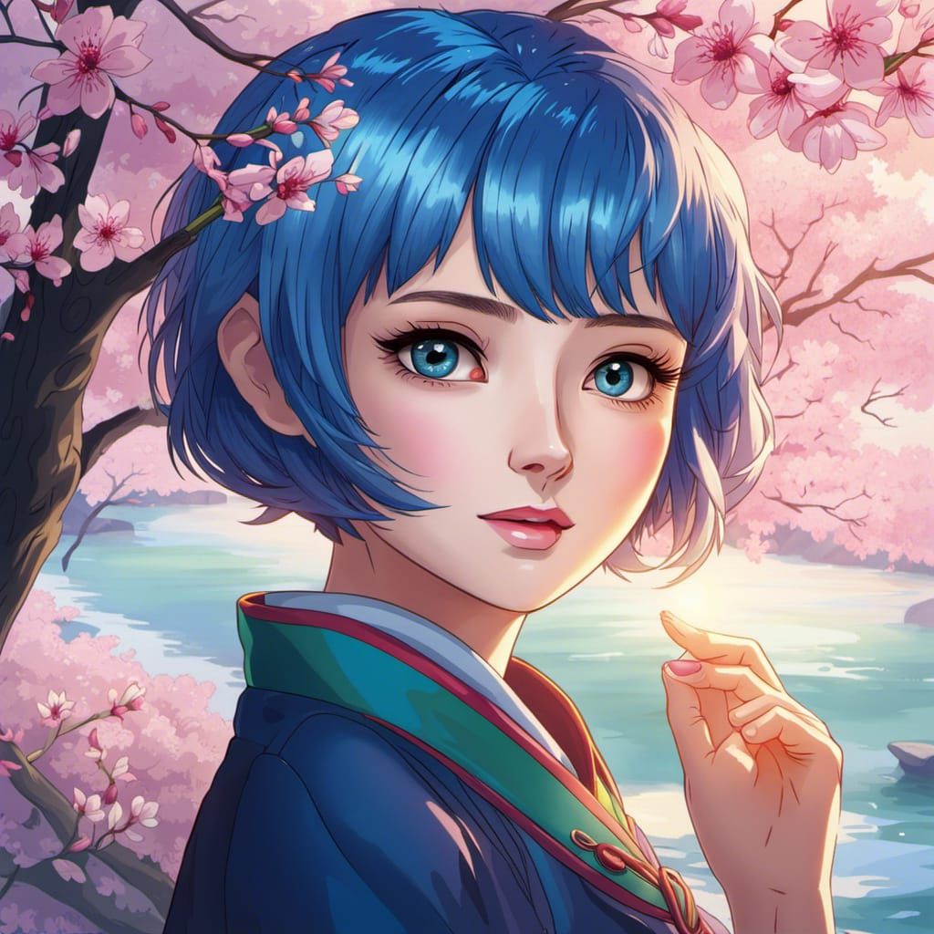 Anime Girl Portrait with Blue Hair and Rainbow Eyes
