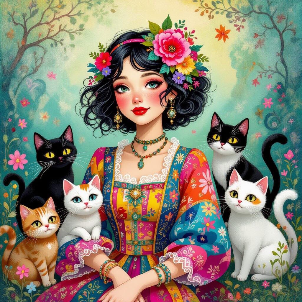 Whimsical World with Cats and Vibrant Figures