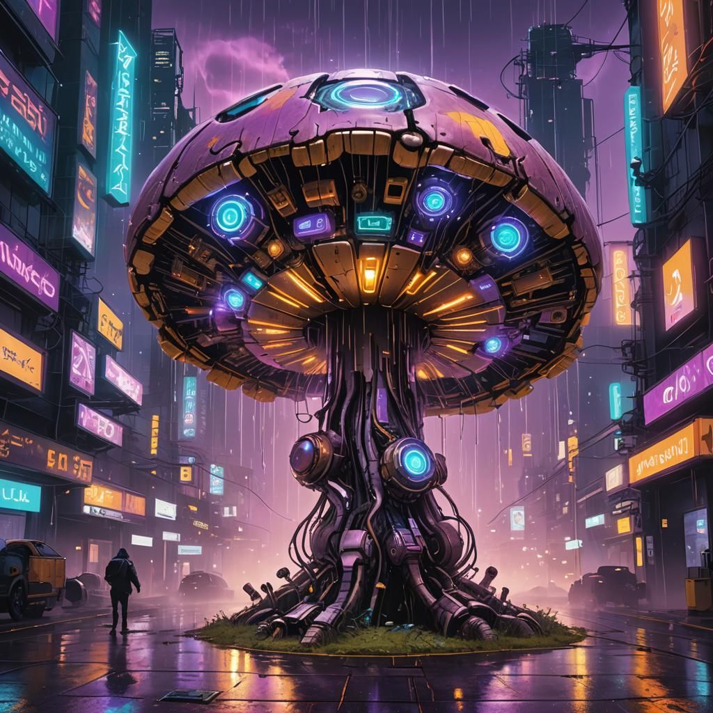Cyberpunk Mushroom Mecha in a Futuristic City