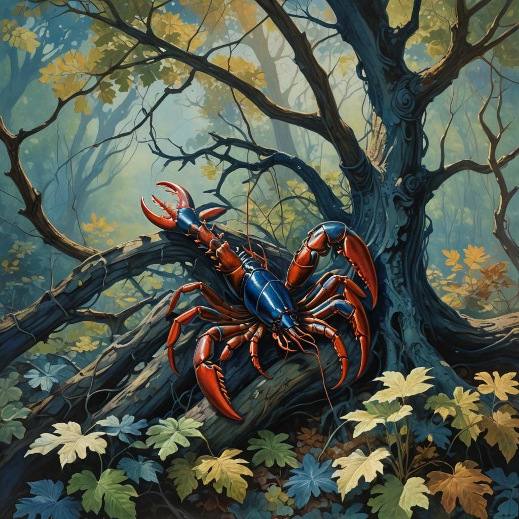 Giant Lobster Emerges in Impressionist Landscape