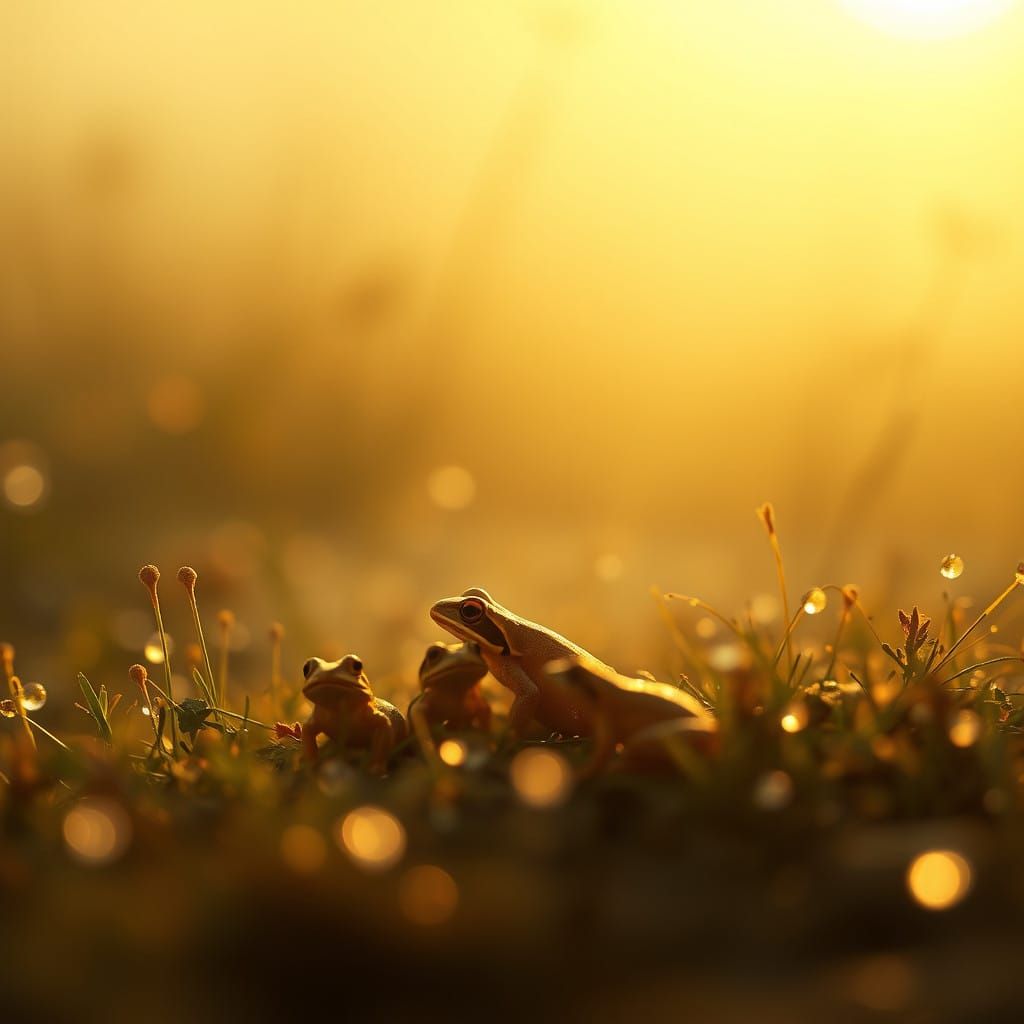 Golden Hour Frogs in Misty Landscape