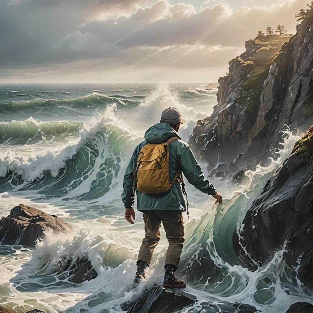 Hiker Climbs Ocean Wave in Dreamy Pastel Landscape
