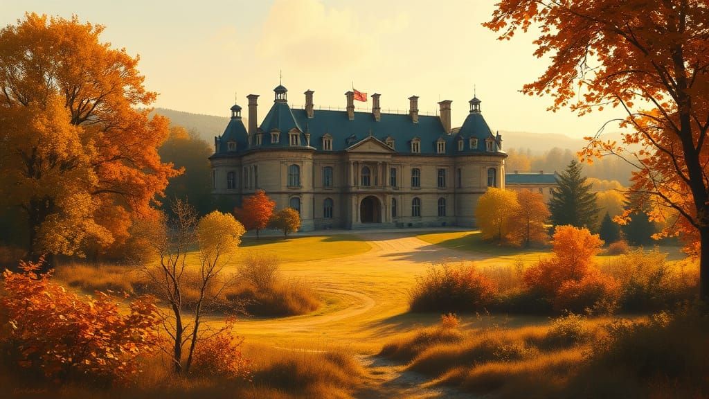 Golden Autumn Chateau Amidst Lush Landscape