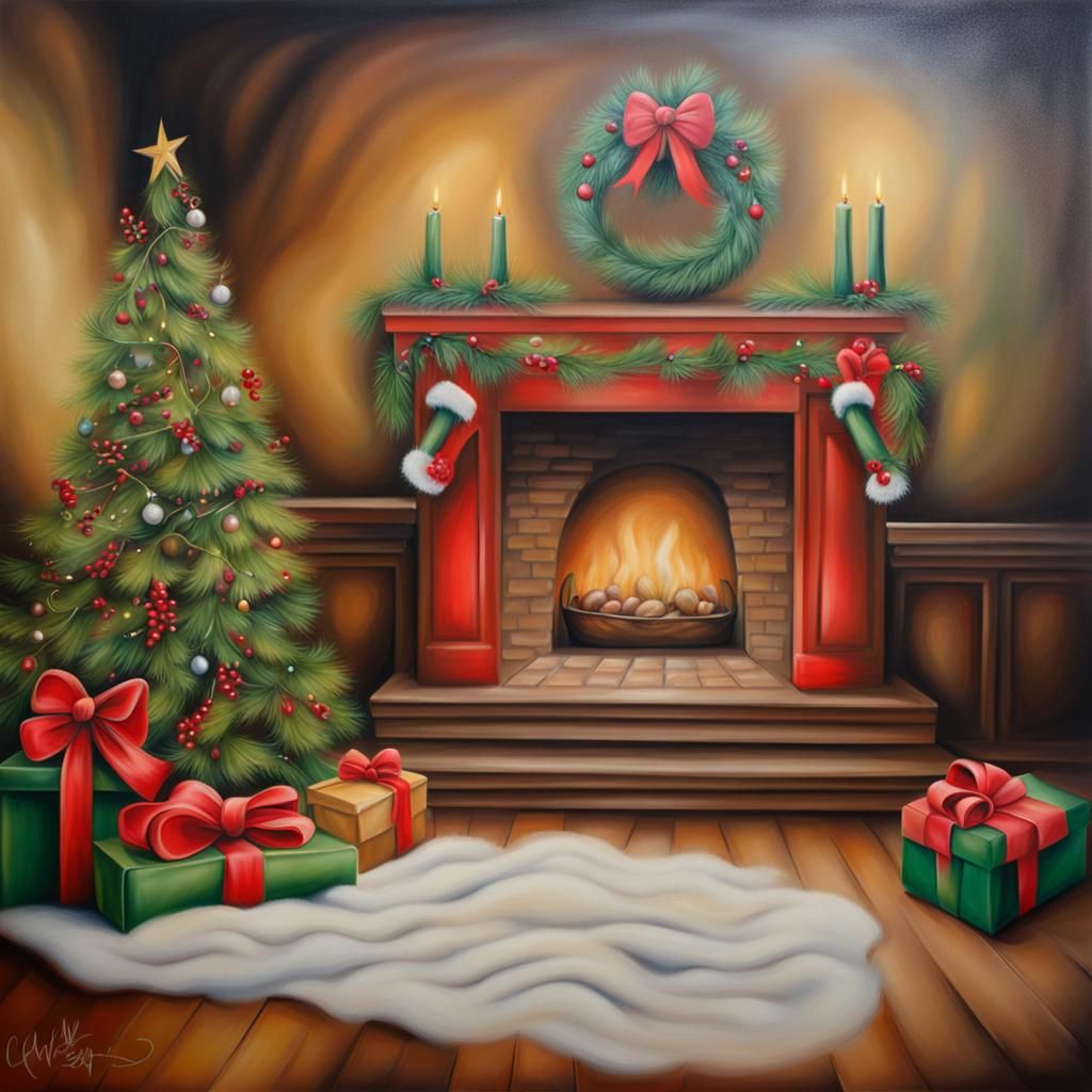 Festive Christmas Backdrop in Oil Painting Style