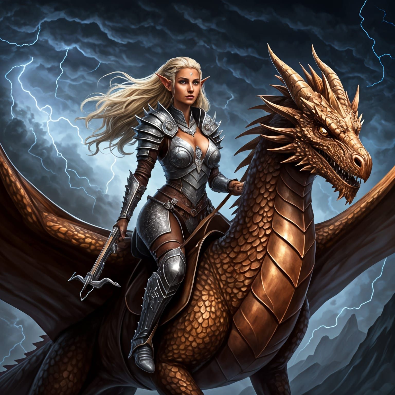 Elegant Half-Elf Rider on Majestic Bronze Drakes Soars Above...