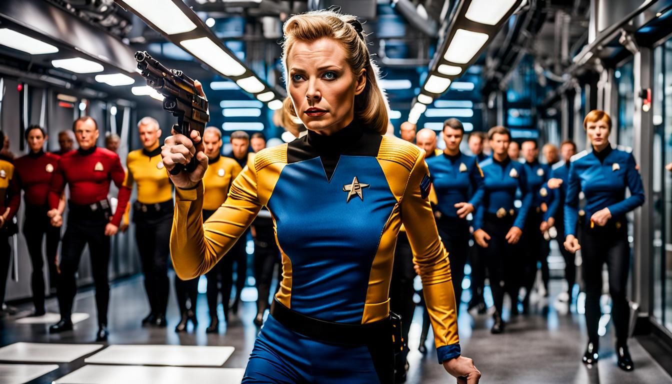 A Vulcan Officer holding a Phaser in action