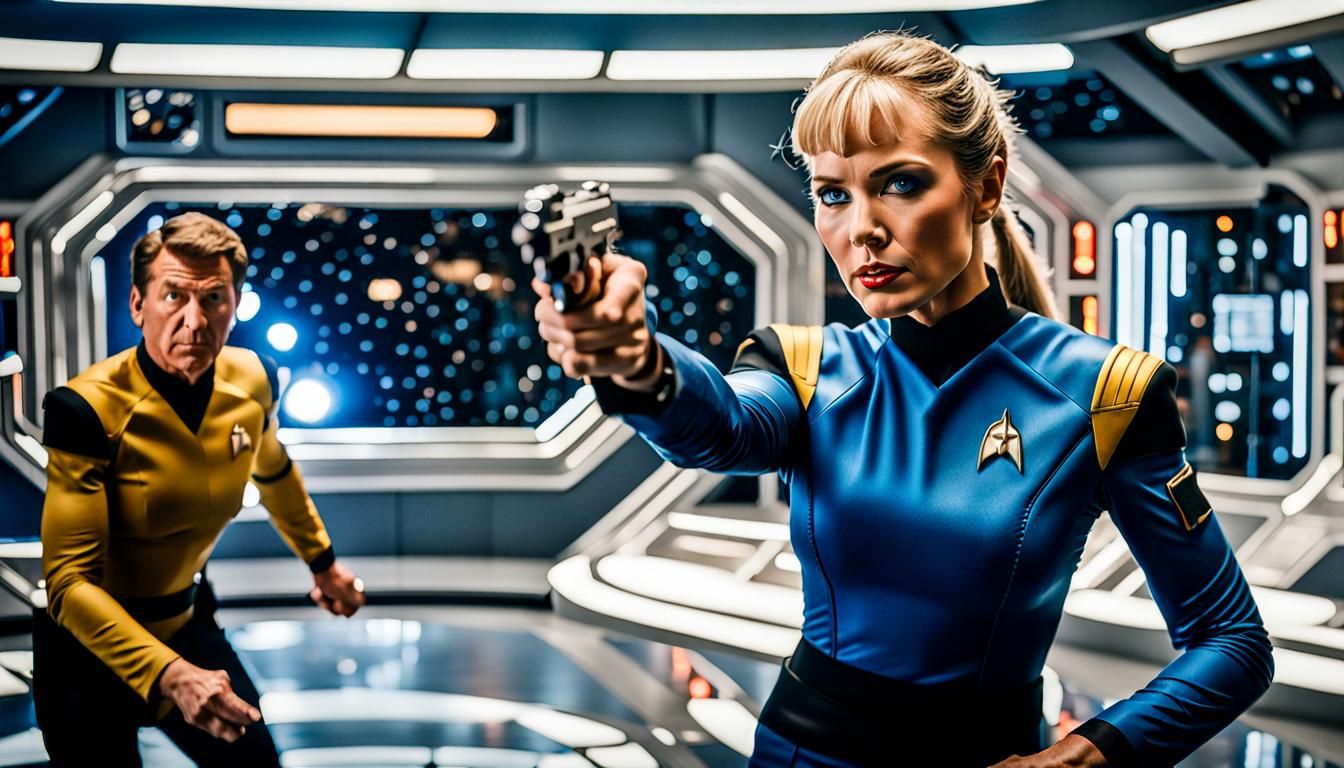 A Vulcan Officer holding a Phaser in action