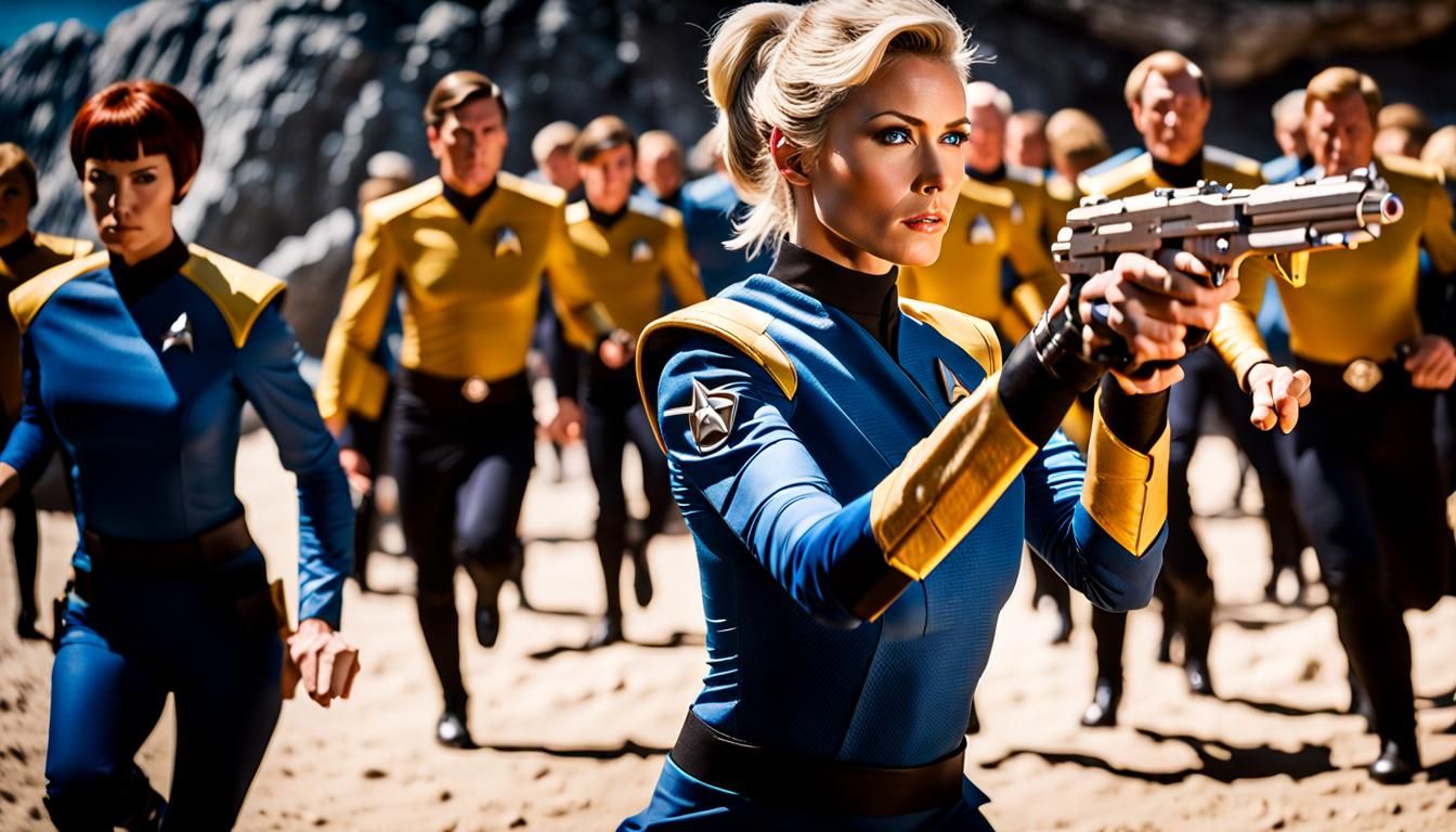 A Vulcan Officer holding a Phaser in action