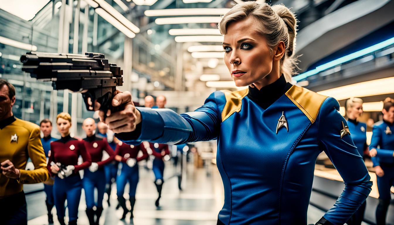 A Vulcan Officer holding a Phaser in action