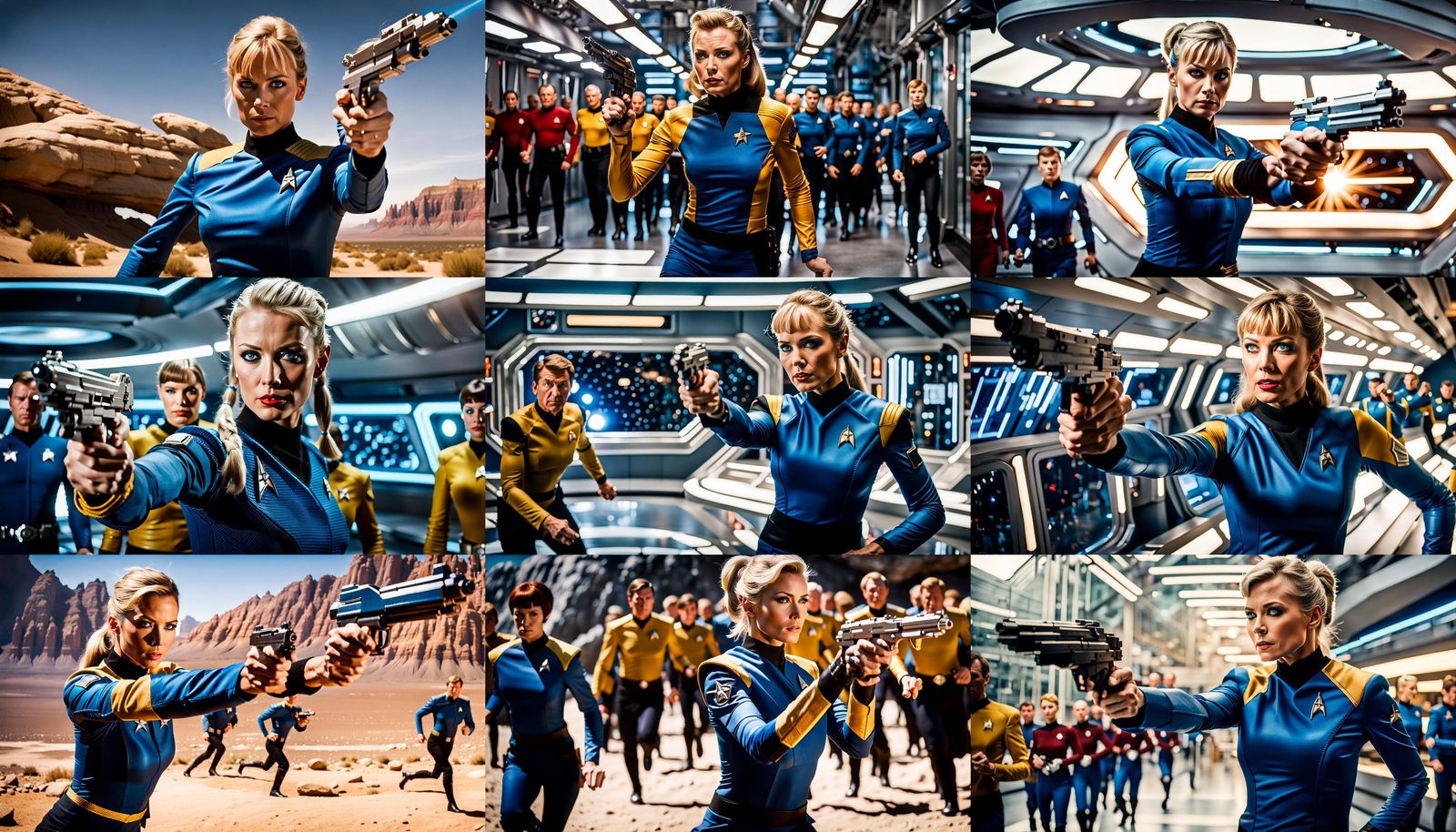 A Vulcan Officer holding a Phaser in action