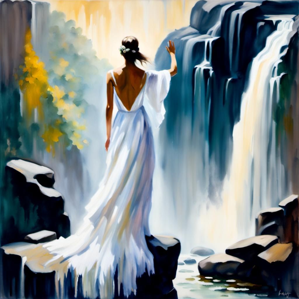 Impressionist Woman at Waterfall in Vivid Colors