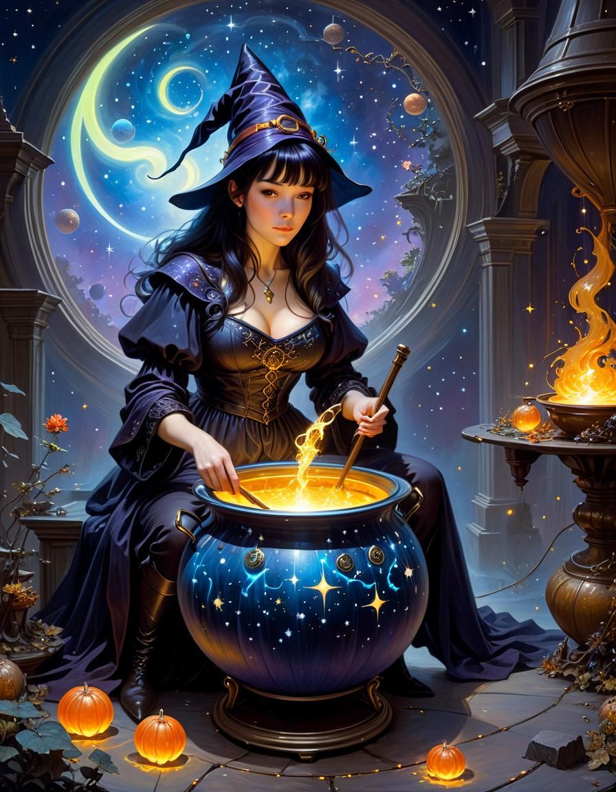Surreal Witch Portrait with Cauldron in Gothic Style