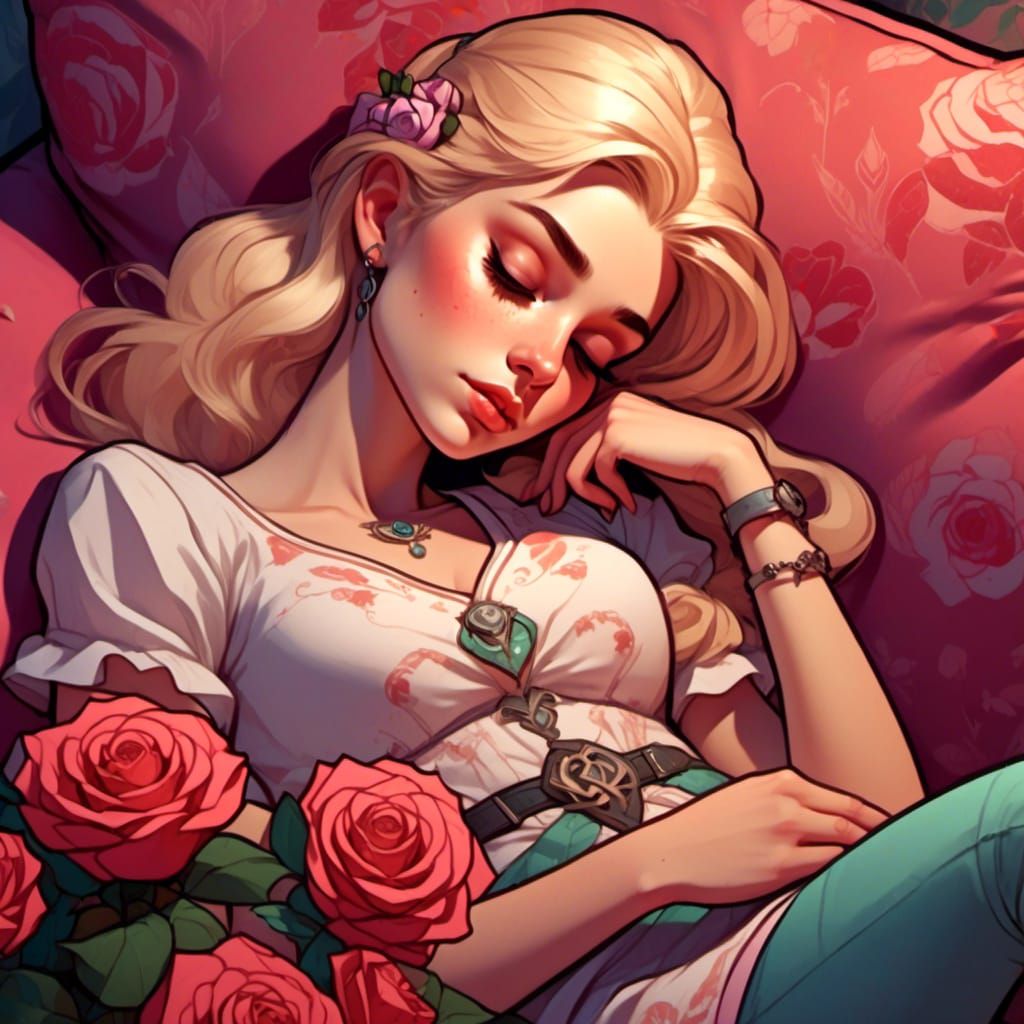 Sleeping Blonde with Smartphone in Powerpuff Girls Style
