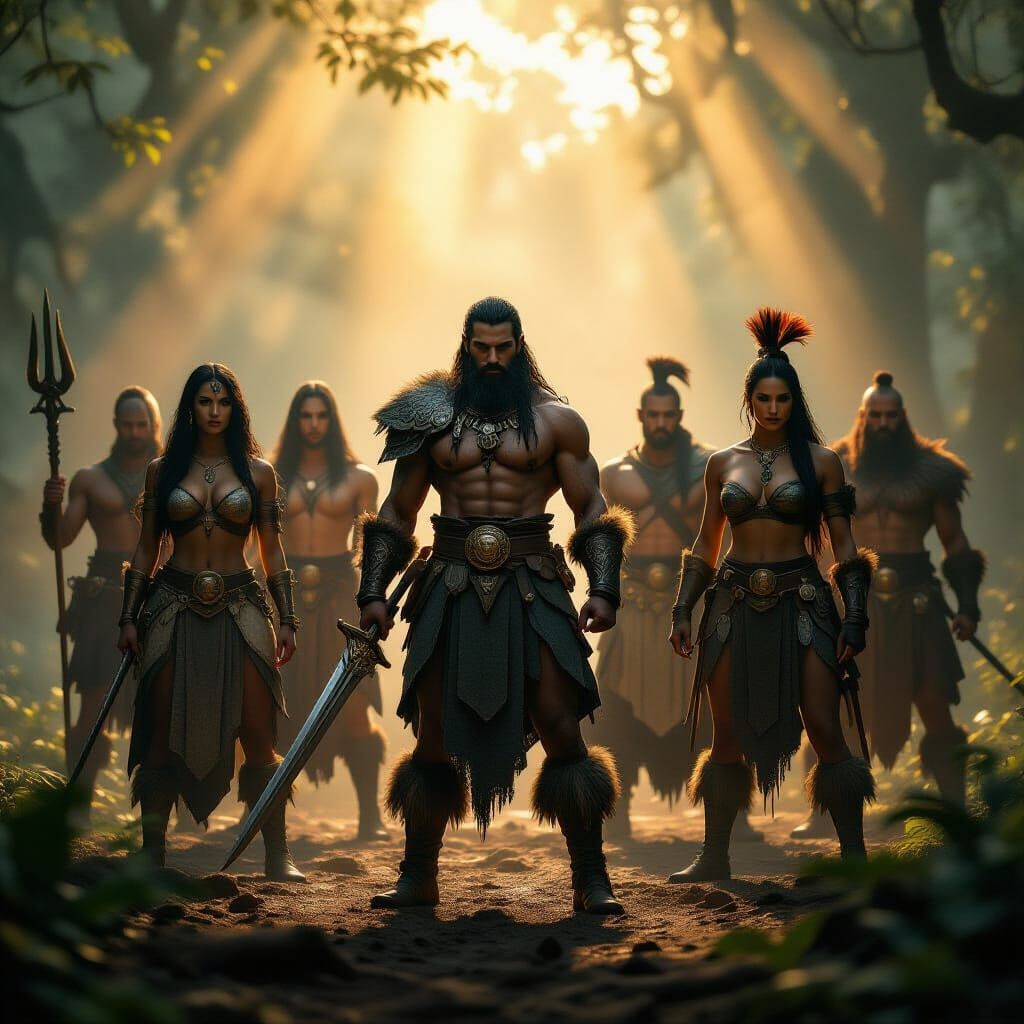 Diverse Earth Warriors United in Golden Hour Forest