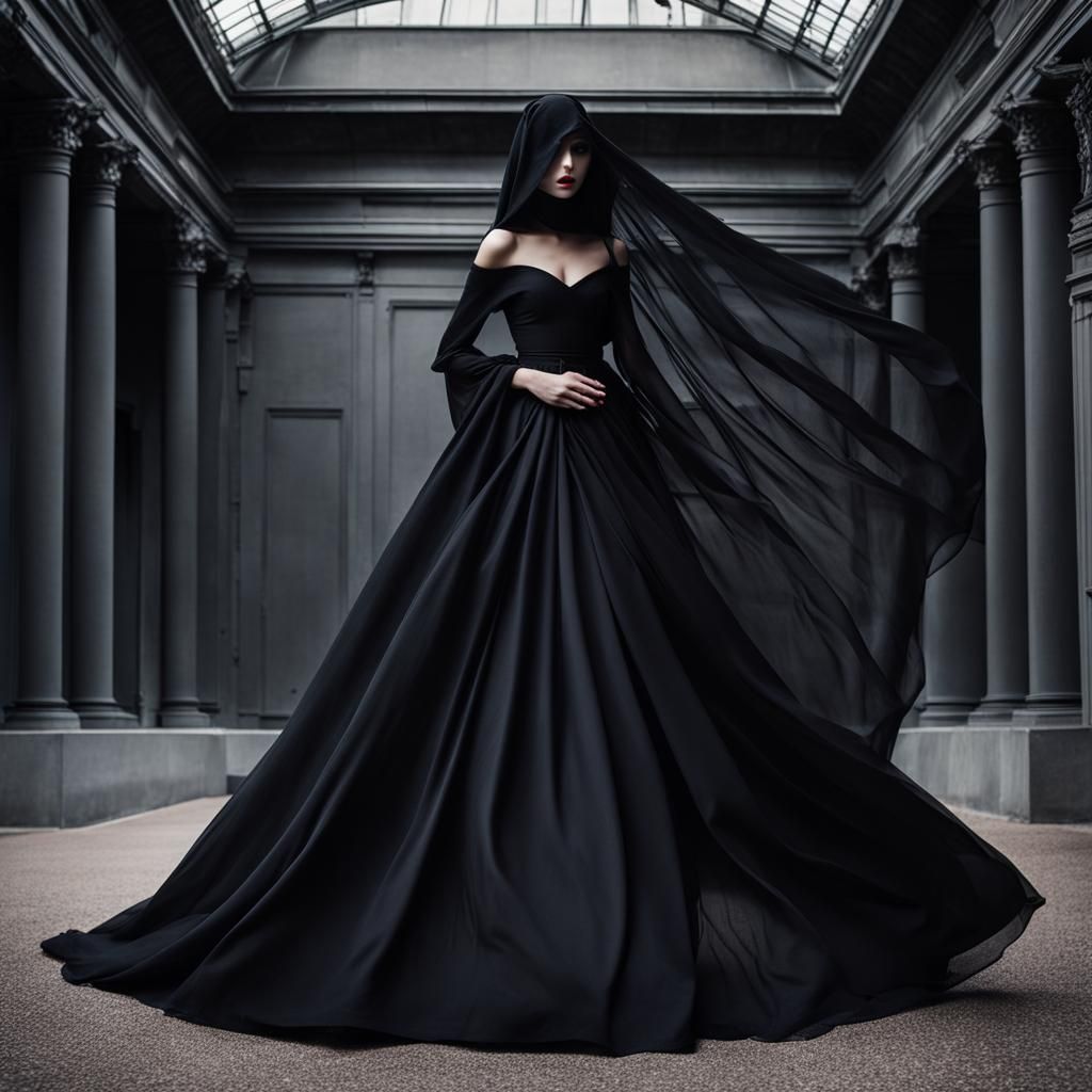 Elegant Woman with Black Veil in Dark Setting