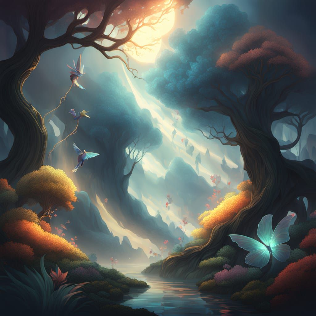 Ethereal Dreamscape with Geometric Lion, Vibrant Hummingbird...