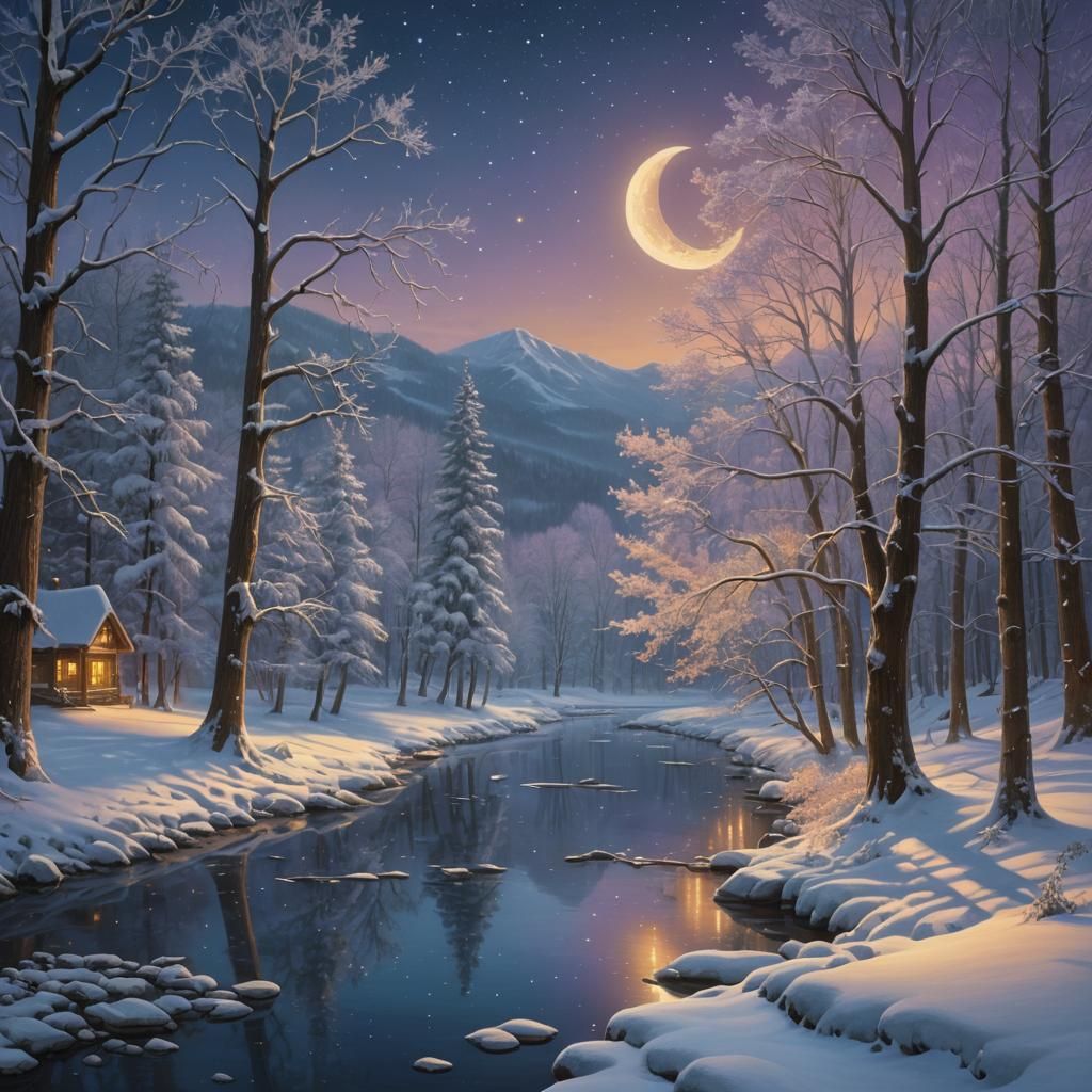 Snowy River Under Crescent Moon in Neo-Romantic Style