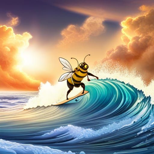 Hawaiian Bee Surfing a Giant Wave as Digital Art
