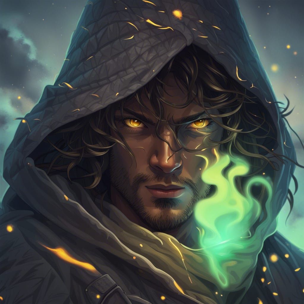 Muscular Man with Fire in Starry Landscape