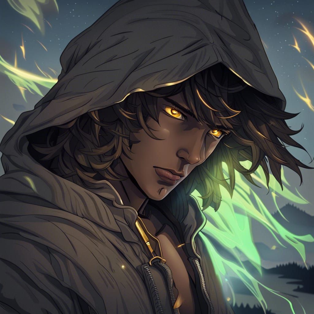 Attractive Man with Fire Under Starry Skies