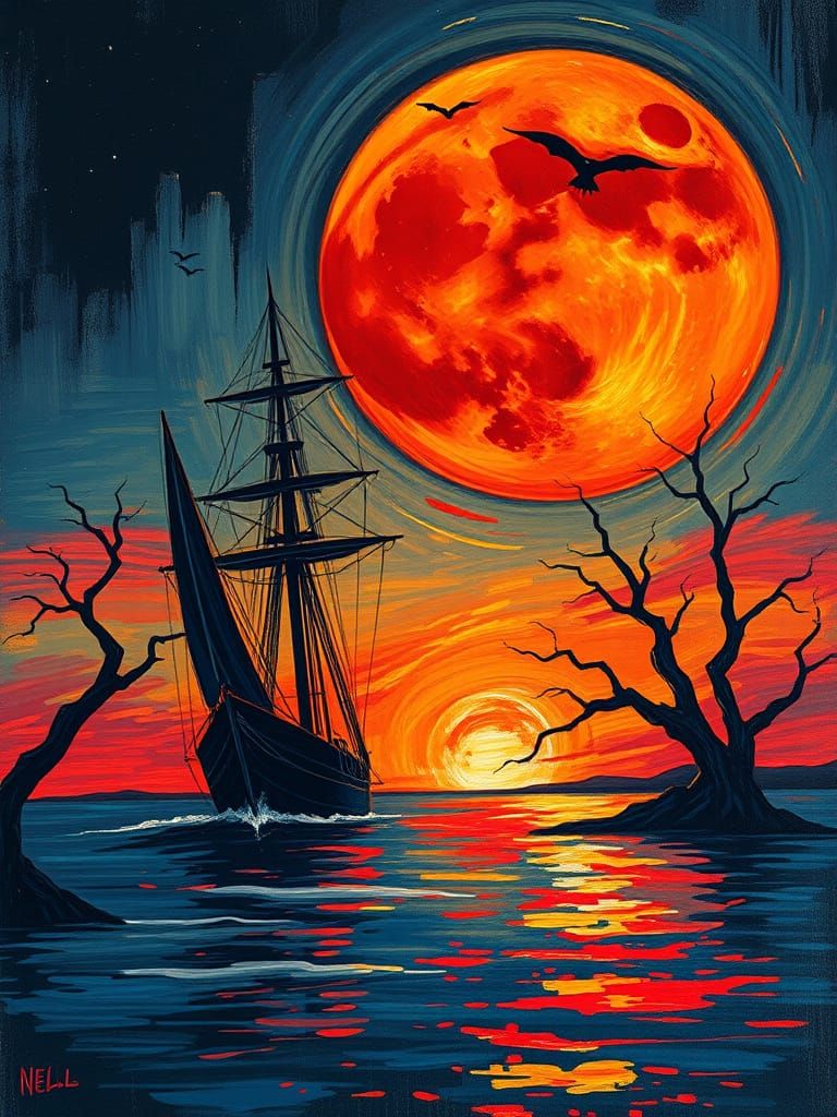 Majestic Ship Sails Under a Vibrant Moon